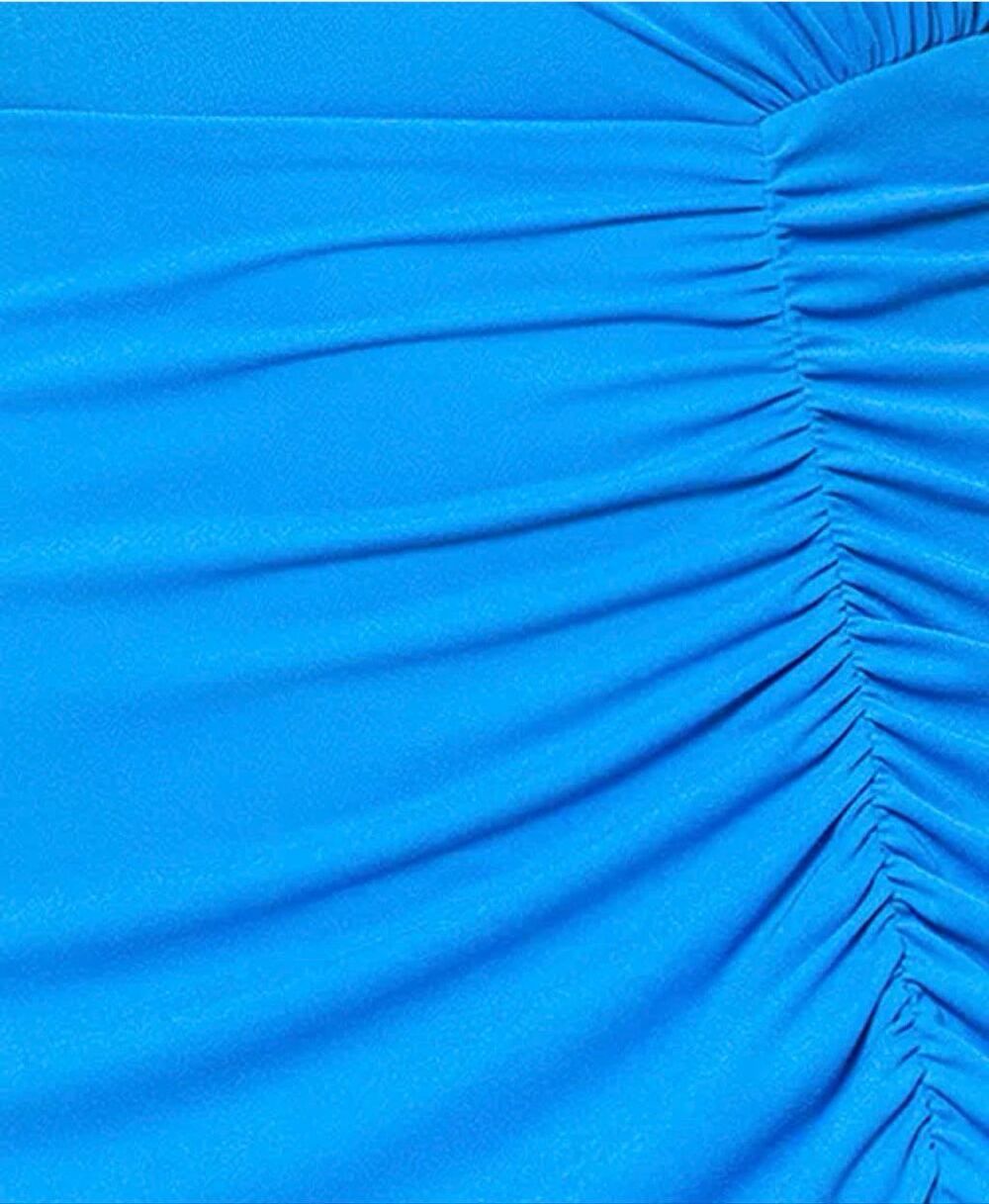Betsy & Adam Elegant Mock Neck Cap Sleeve Ruched Gown Ocean Blue 6 - Picture 6 of 7